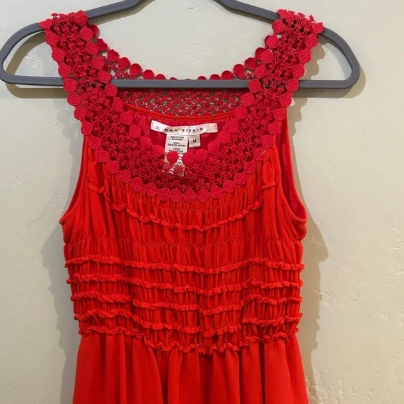 Max Studio Red Sleeveless Dress with Lace Detail. Ruched Waist. Size Medium. - Picture 2 of 5